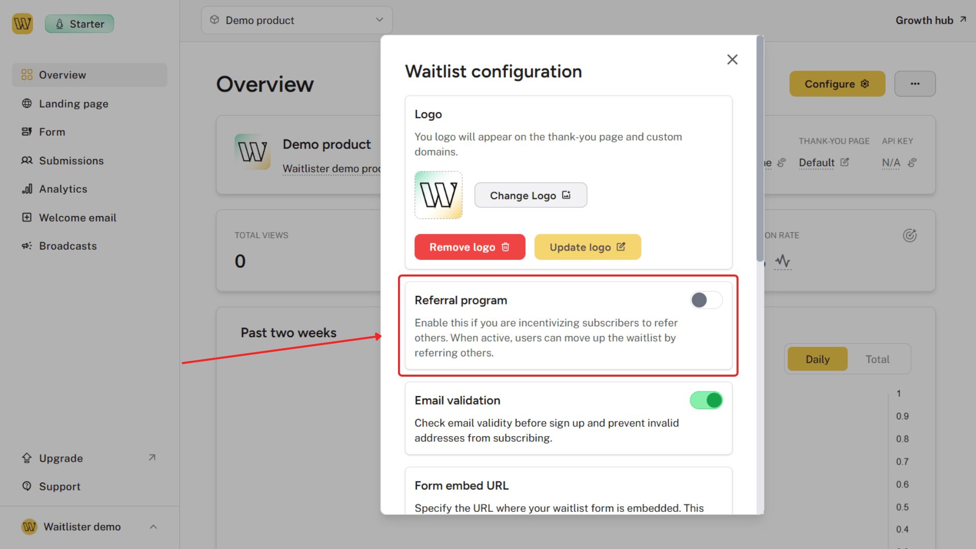 Referral program toggle in waitlist configuration
