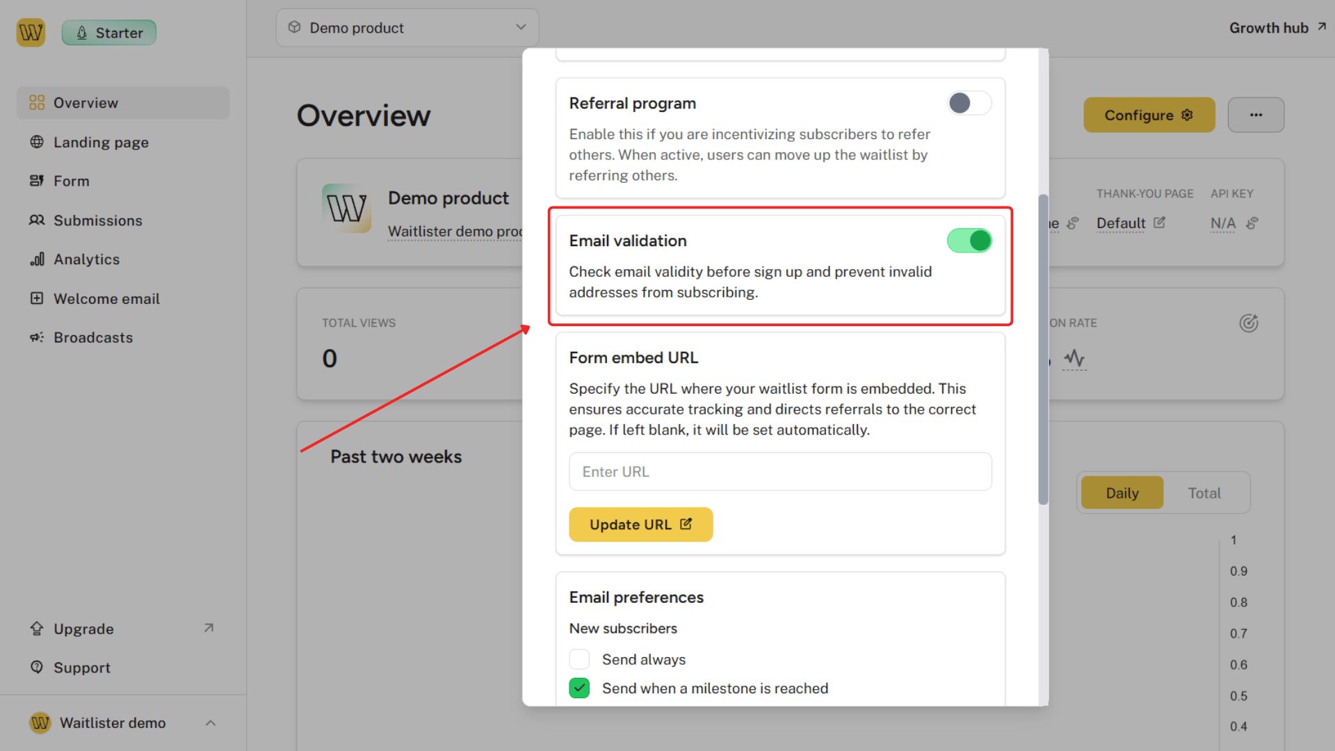 Email validation toggle in waitlist configuration