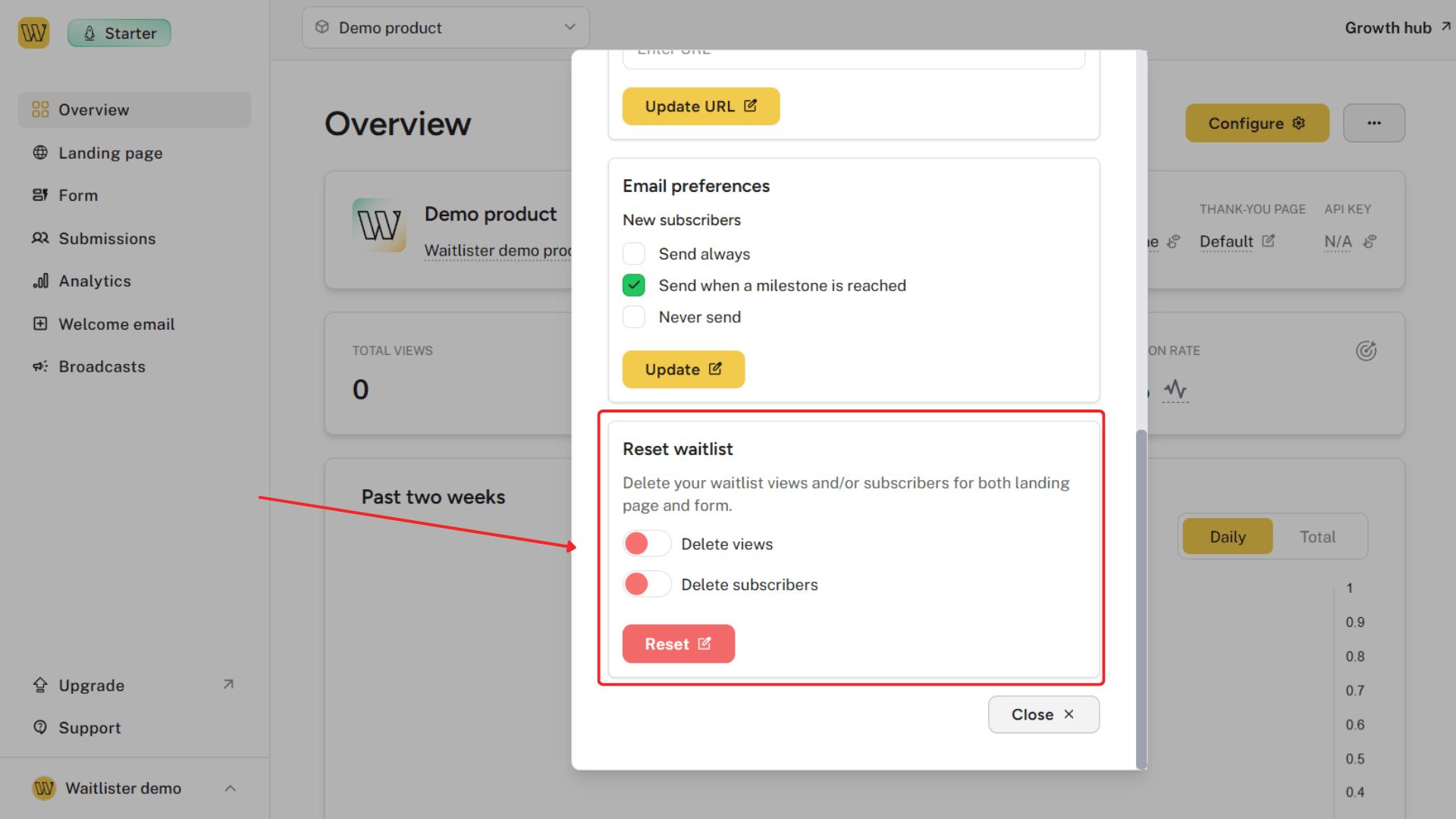 Reset waitlist options in waitlist configuration
