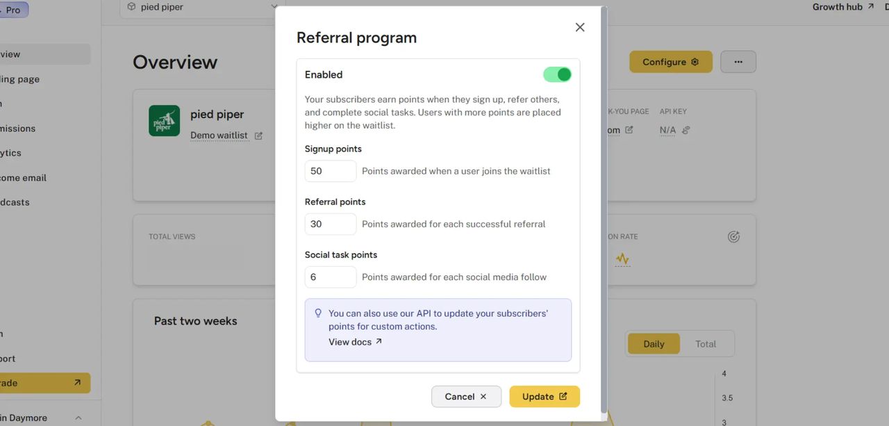 Referral Program settings