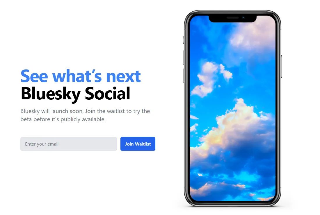 Bluesky's 2023 waitlist page: "See what's next, Bluesky Social" and "Join the waitlist to try the beta before it's publicly available", with a "Join Waitlist" button beside a phone showing clouds