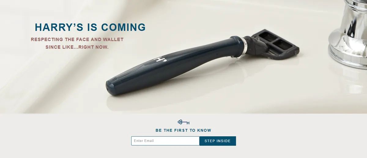 Harry's 2013 pre-launch page: "Harry's is coming" over a photo of a razor, then a key icon, "Be the first to know" and a "Step Inside" button
