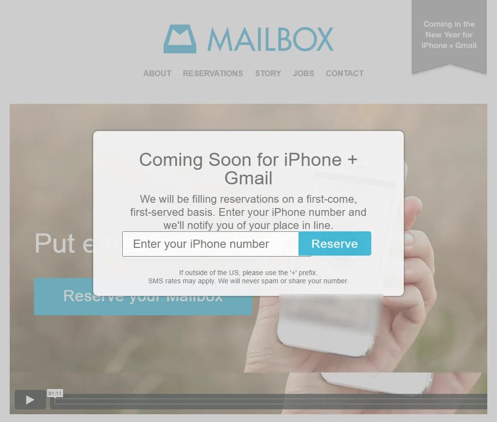Mailbox's 2013 reservation page: a "Coming Soon for iPhone + Gmail" box asking for an iPhone number, with a "Reserve" button