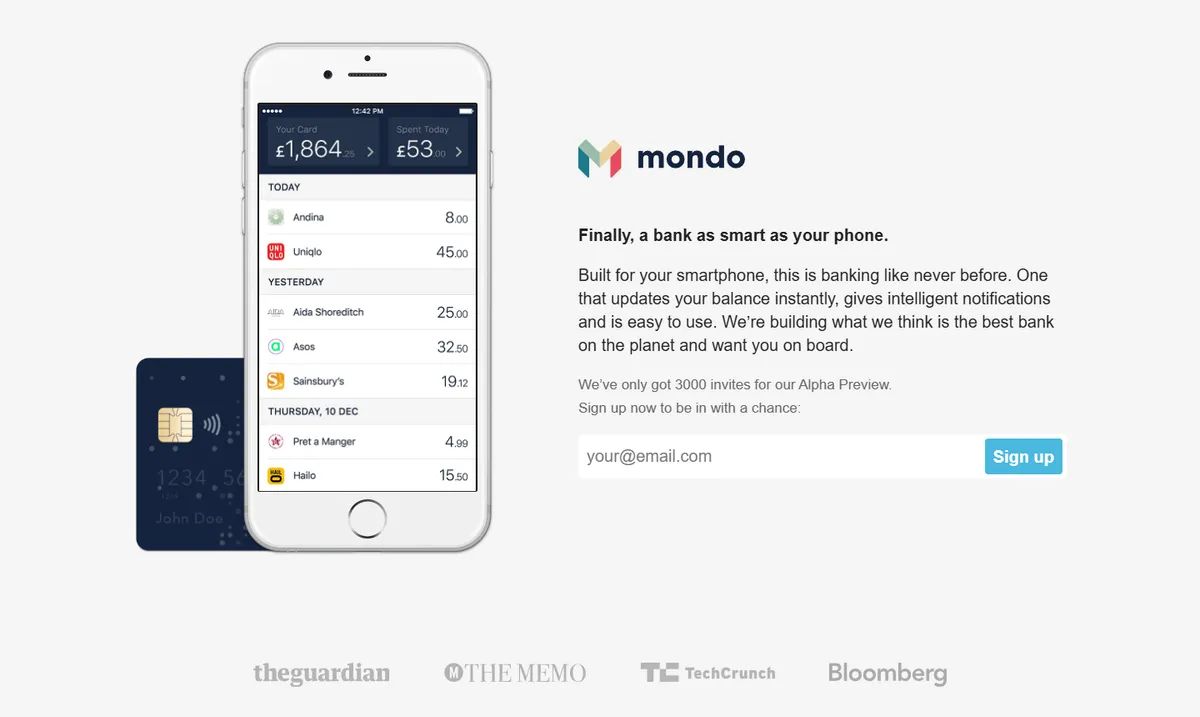 Mondo's 2016 waitlist page: a phone and a bank card on the left, "Finally, a bank as smart as your phone." and "We've only got 3000 invites for our Alpha Preview" on the right