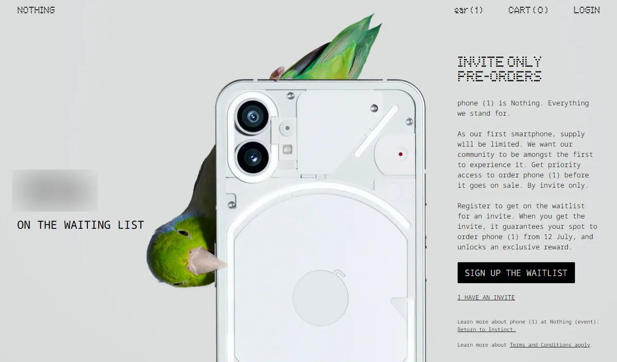 Nothing's 2022 pre-order page: "Invite only pre-orders" beside the white phone (1) with a green bird perched on it, a blurred waiting-list counter and a "Sign up the waitlist" button