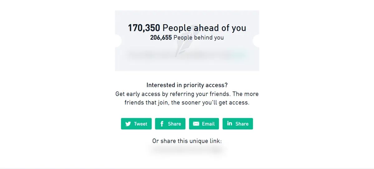Robinhood's waitlist screen from 2014: "170,350 People ahead of you" and "206,655 People behind you", with buttons to share a referral link