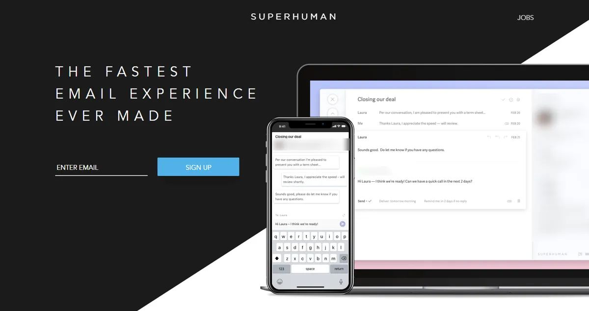 Superhuman's 2018 homepage: "The Fastest Email Experience Ever Made" with an email field and a "Sign Up" button, beside a laptop and phone showing the app