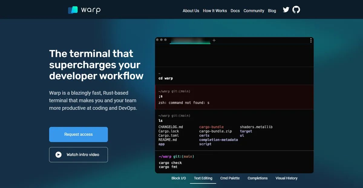 Warp's 2021 homepage: "The terminal that supercharges your developer workflow" with a "Request access" button beside a terminal window showing Warp's features