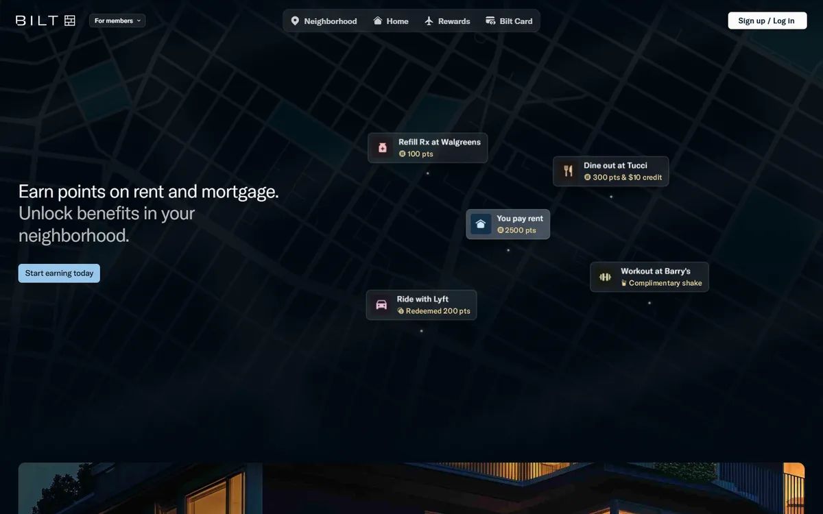 Bilt's homepage: a dark neighborhood map with reward pins for rent, dining and rides