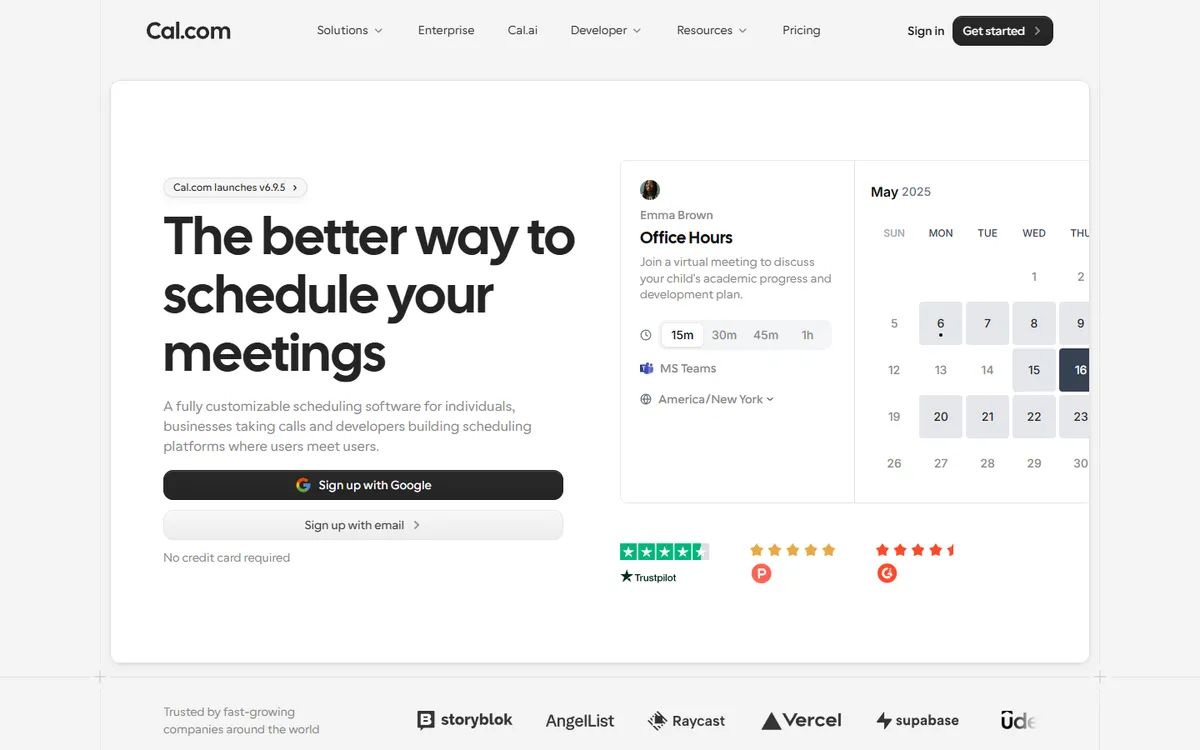 Cal.com's homepage: the headline beside a booking widget with meeting lengths and a calendar