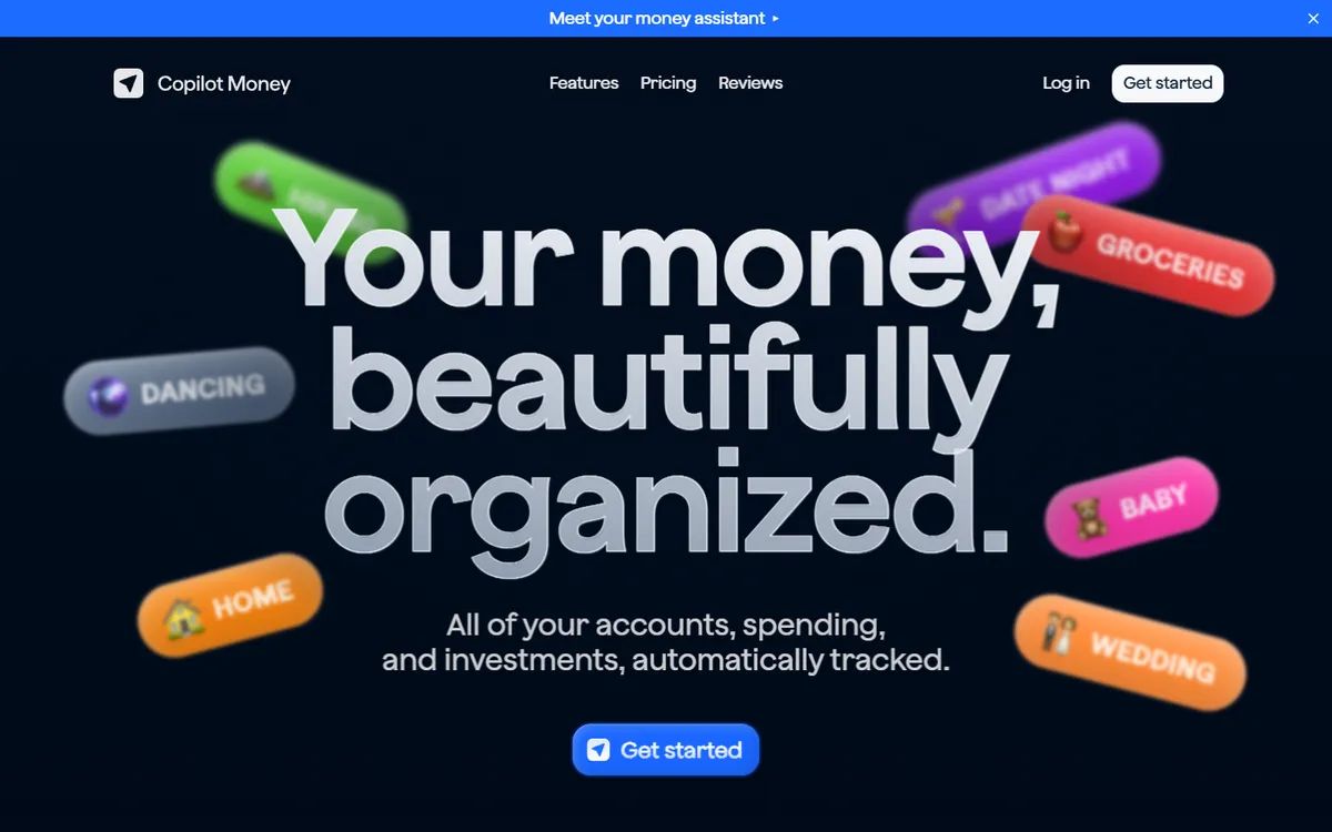 Copilot Money's homepage: the headline surrounded by blurred 3D pills named after spending categories