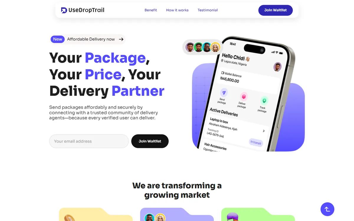 DropTrail's homepage: the headline, an email field with a Join Waitlist button, and a phone mockup of the app