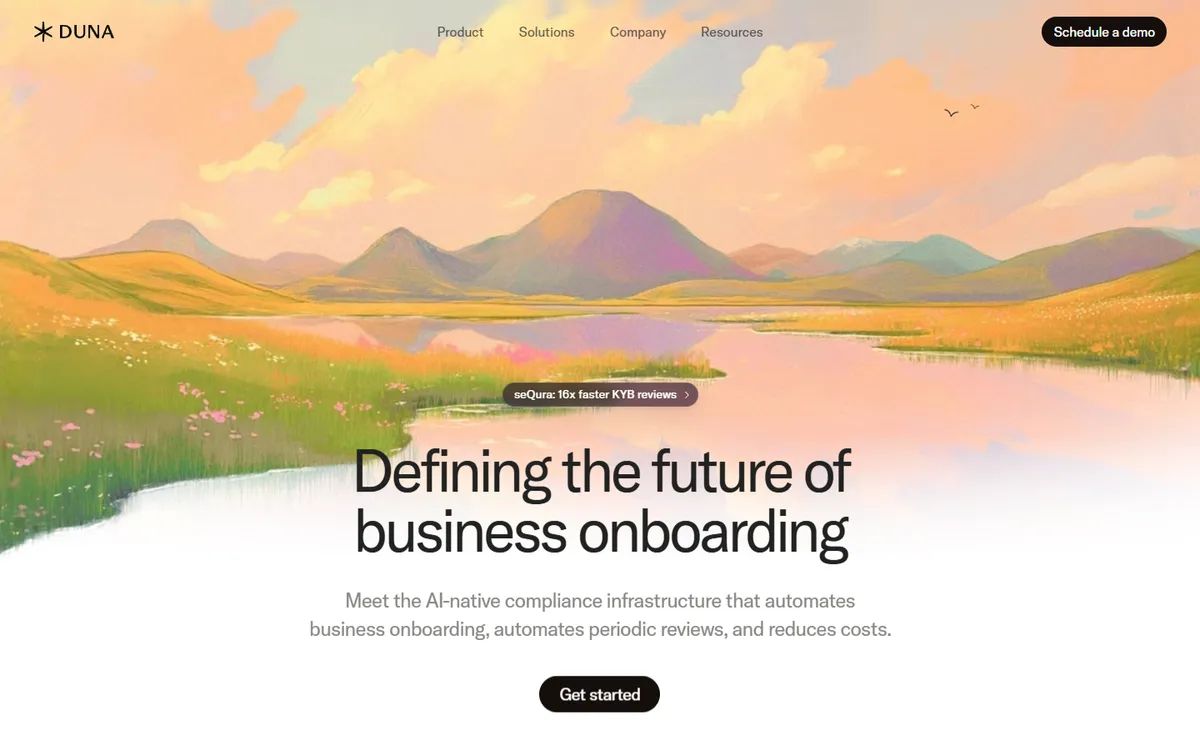 Duna's homepage: a painted landscape of mountains, a lake and wildflowers above the headline