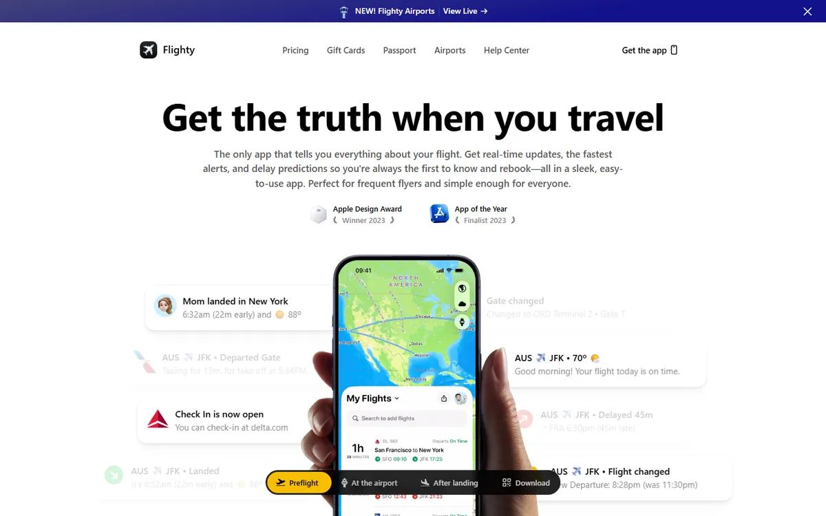 Flighty's homepage: a phone with a live flight map, surrounded by Flighty notifications