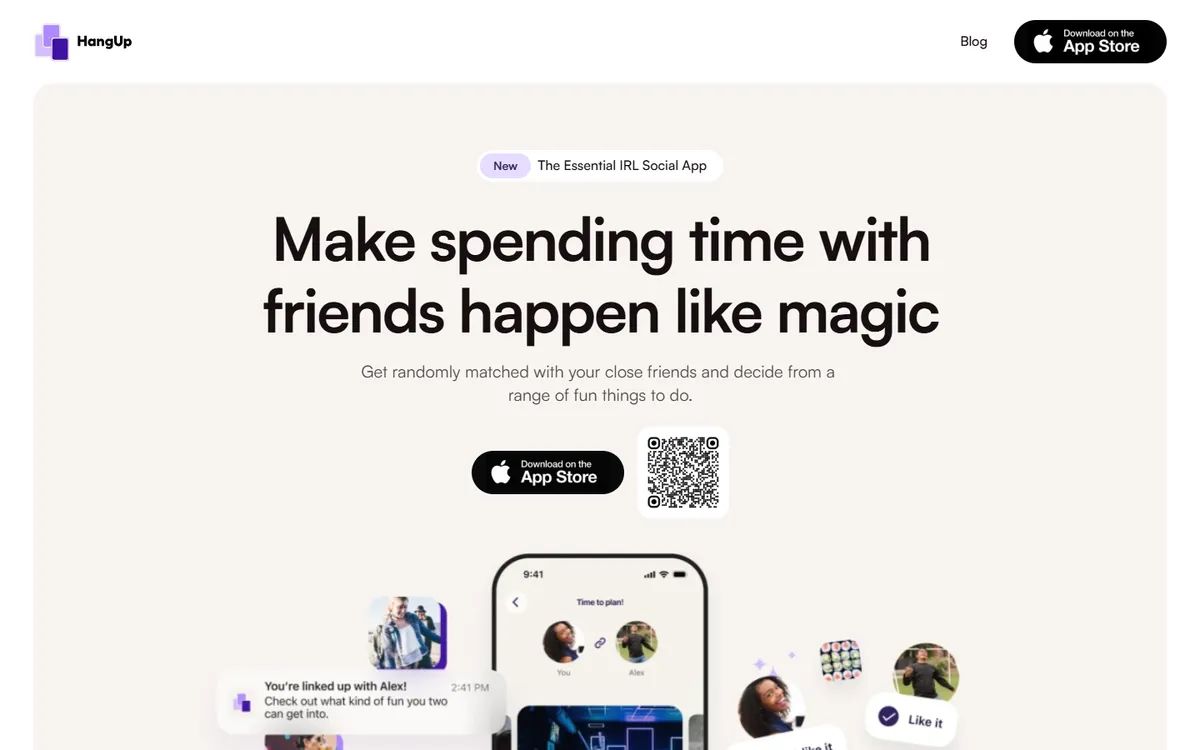 HangUp's homepage: a phone showing the app, an App Store badge and a QR code beside it
