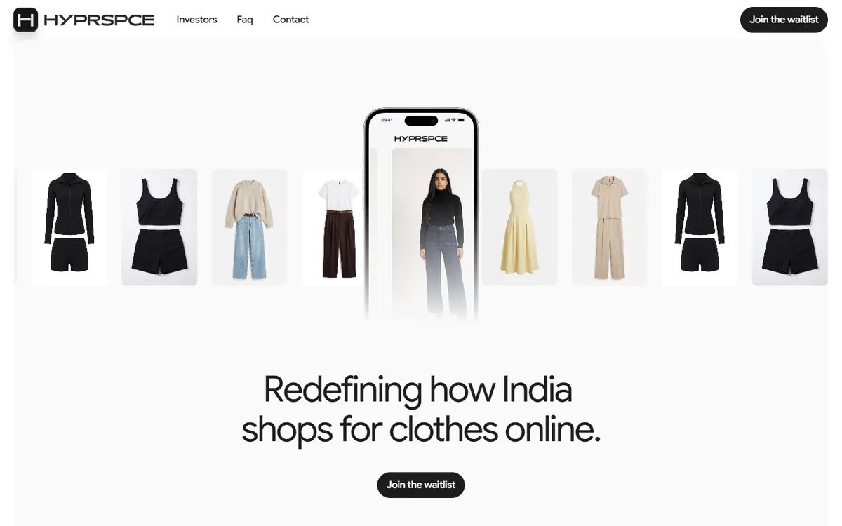 Hyprspce's homepage: clothes flowing into a phone that shows the virtual try-on result