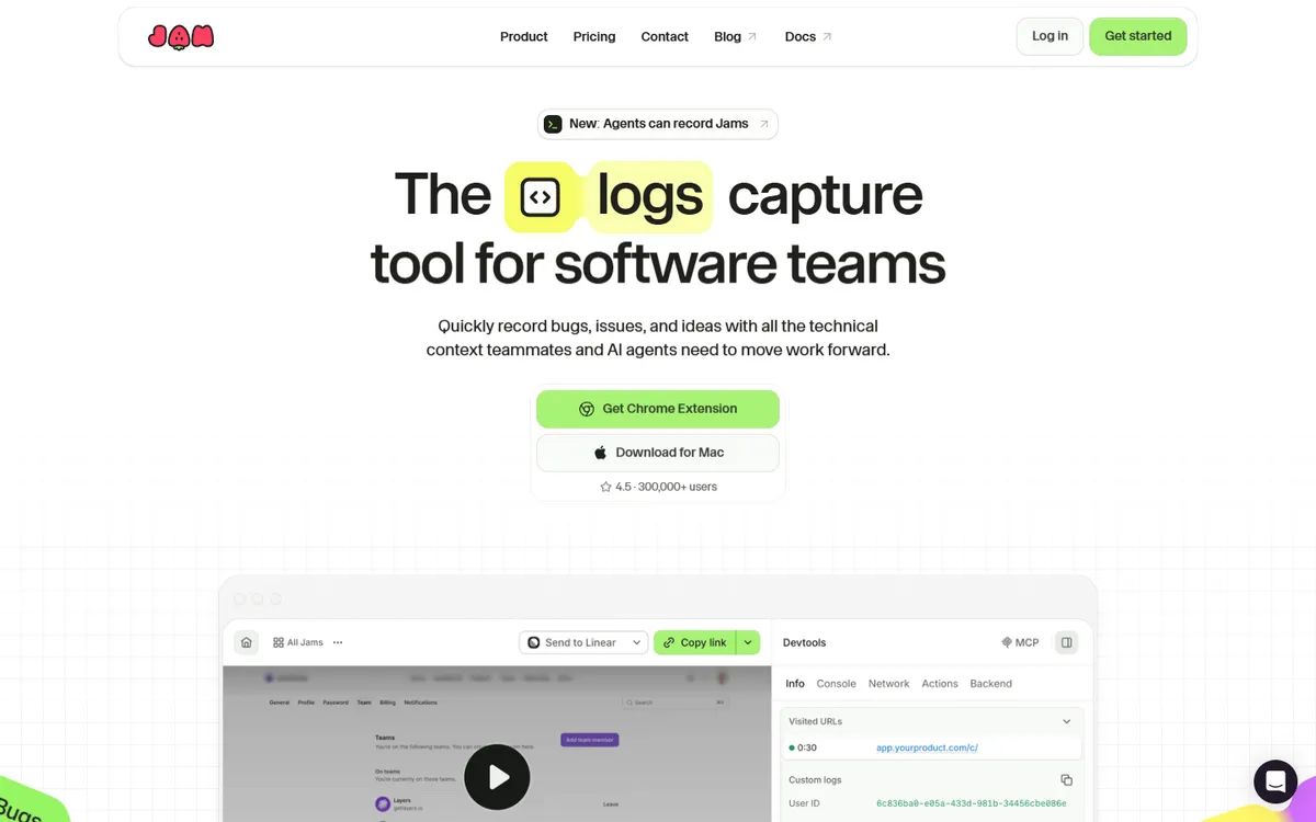 Jam's homepage: the headline, two platform buttons with a rating and user count under them, and a Jam recording with its devtools panel