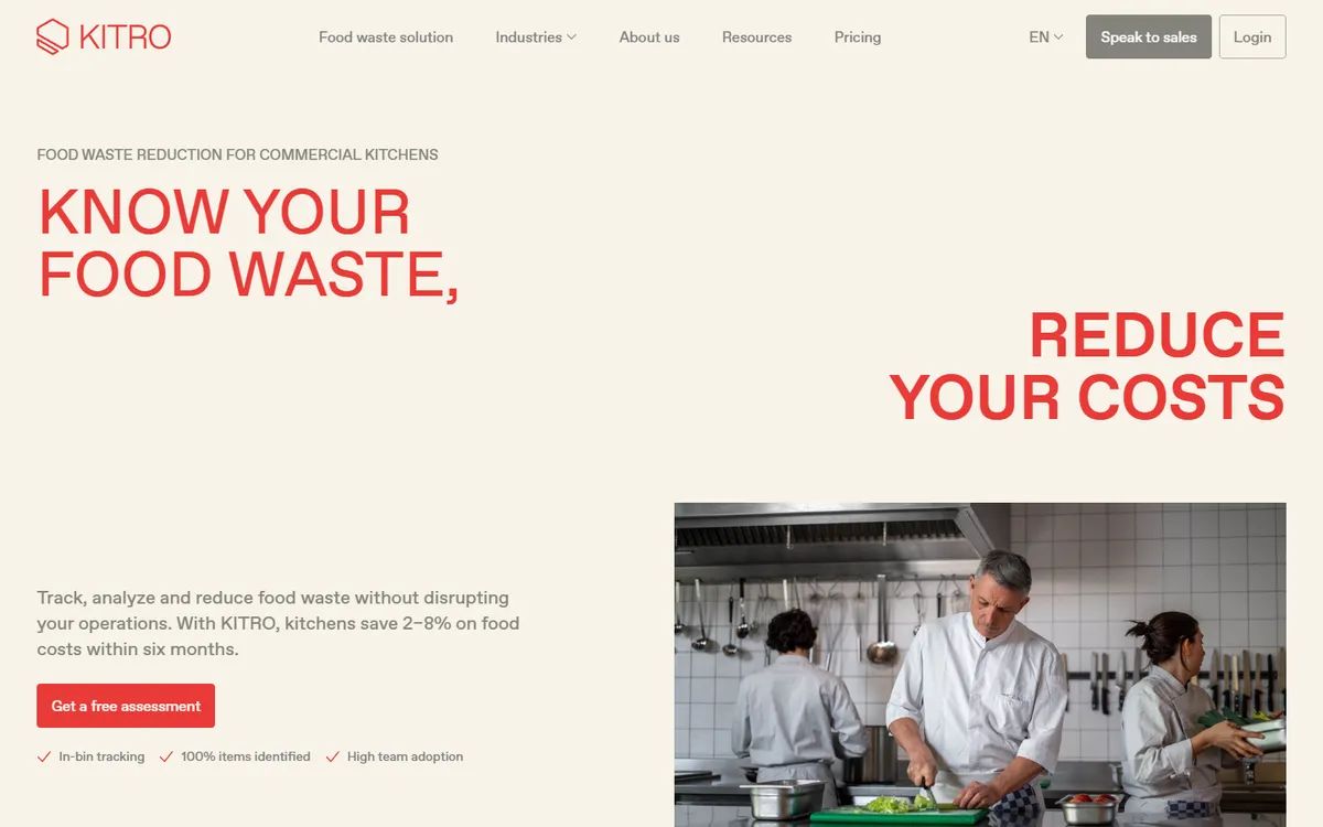 Kitro's homepage: a split headline above a photo of chefs in a commercial kitchen