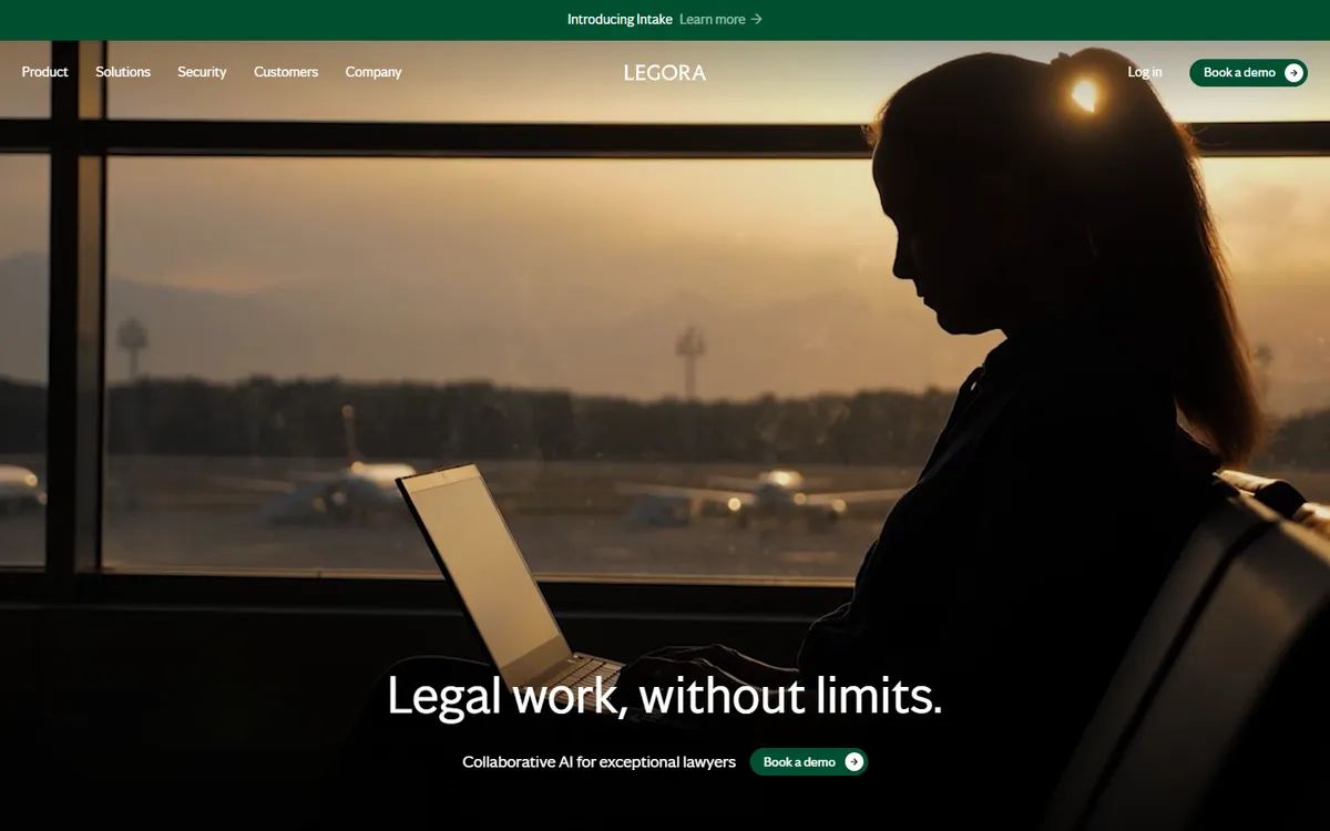 Legora's homepage: a full-screen video with a headline, a subhead and a Book a demo button