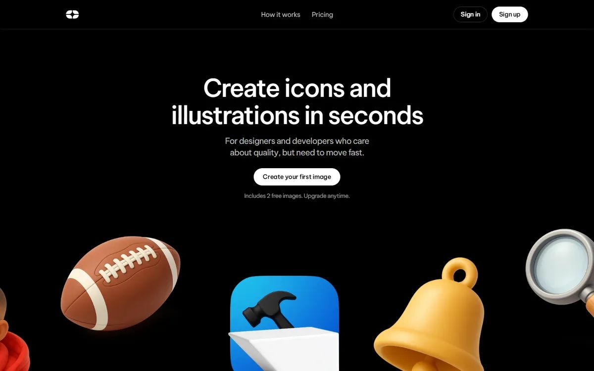 Luxo's homepage: the headline and a Create your first image button above a row of glossy 3D icons
