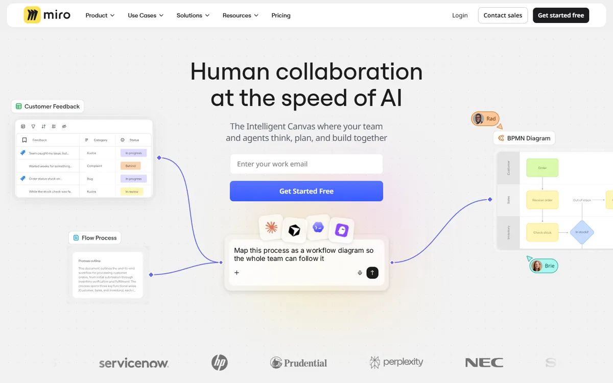 Miro's homepage: an email field and a Get Started Free button inside a collage of the Miro canvas