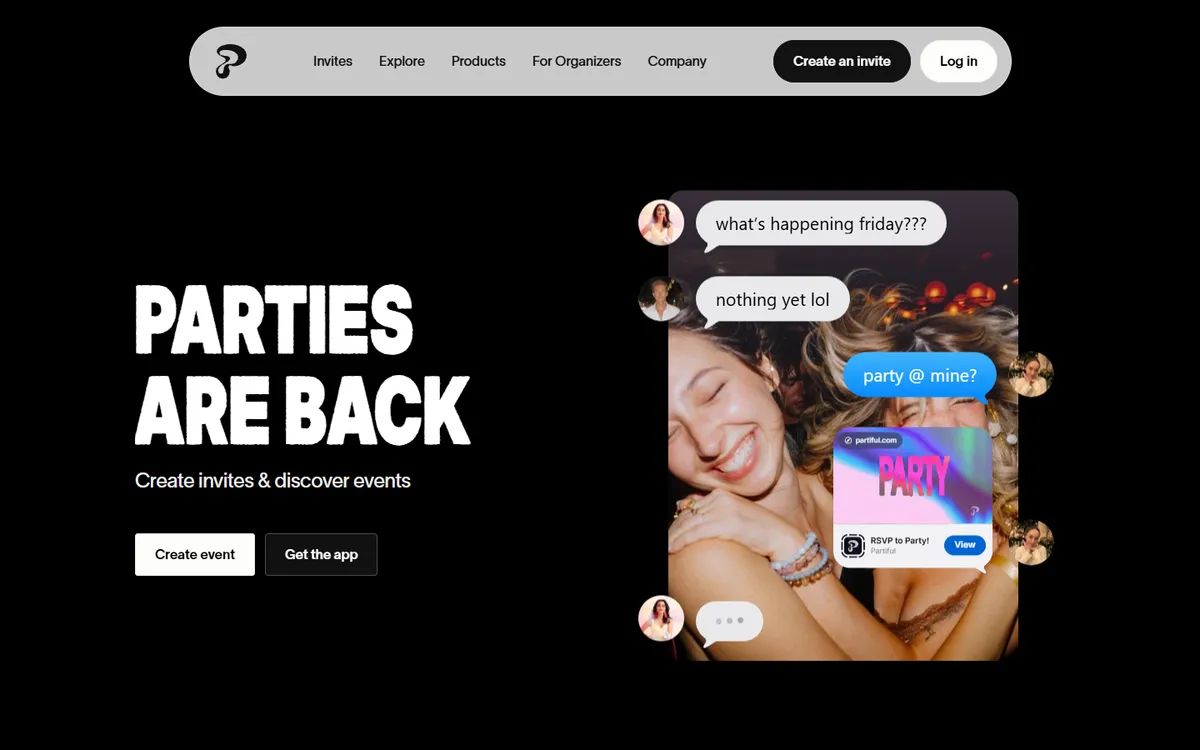 Partiful's homepage: a party photo with chat bubbles and a Partiful invite card