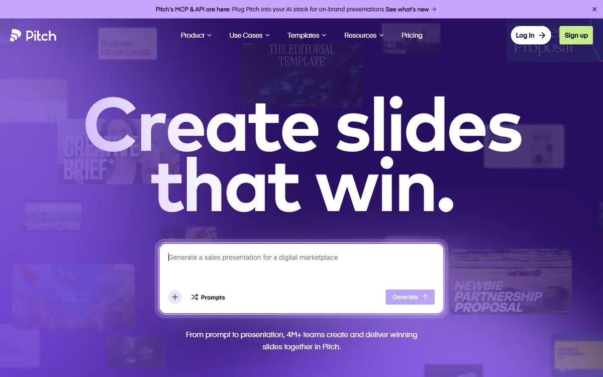 Pitch's homepage: a large headline and a prompt box with a Generate button over blurred slide templates