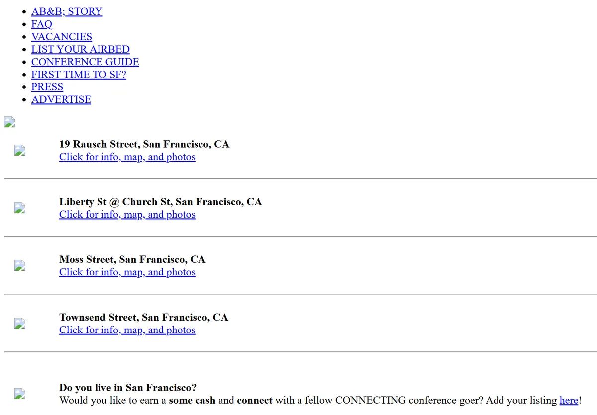 Airbed & Breakfast's October 2007 listings page with four San Francisco listings