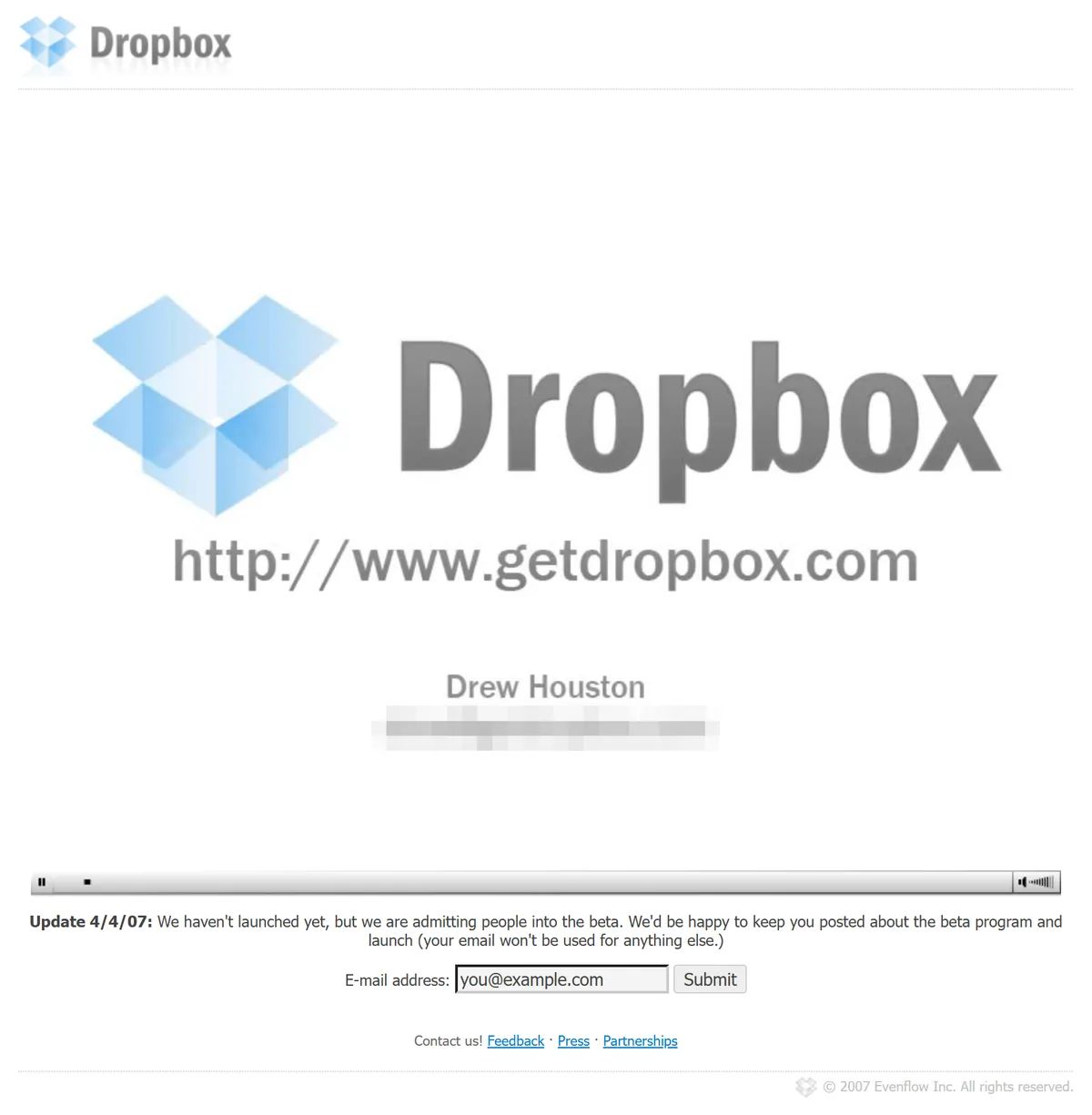 Dropbox's 2007 beta page with the screencast and an email signup form