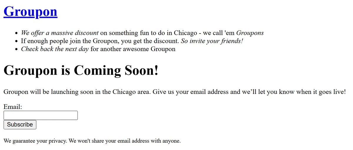 Groupon's October 2008 coming soon page with an email signup form