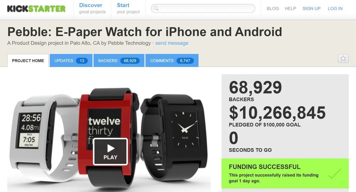 Pebble's Kickstarter page showing 68,929 backers and $10,266,845 pledged of a $100,000 goal
