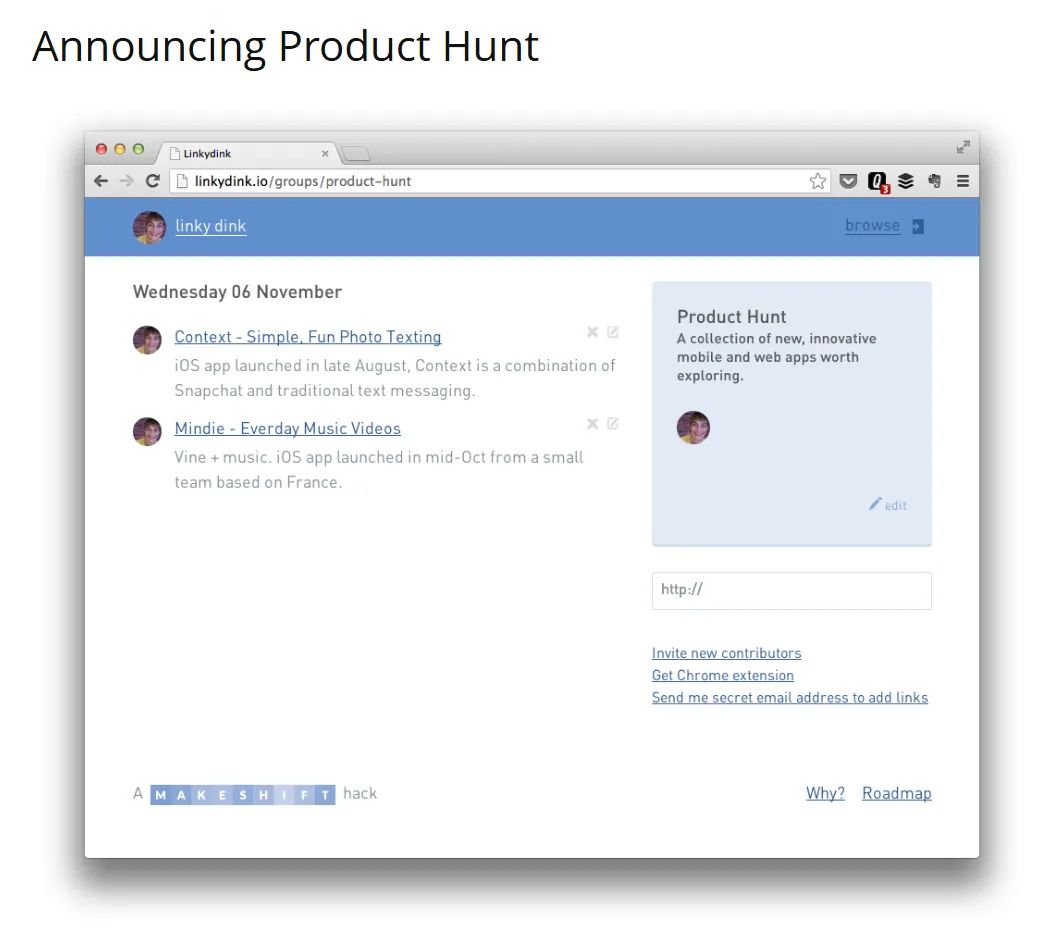 Ryan Hoover's 2013 post announcing Product Hunt, with a screenshot of the original Linkydink list
