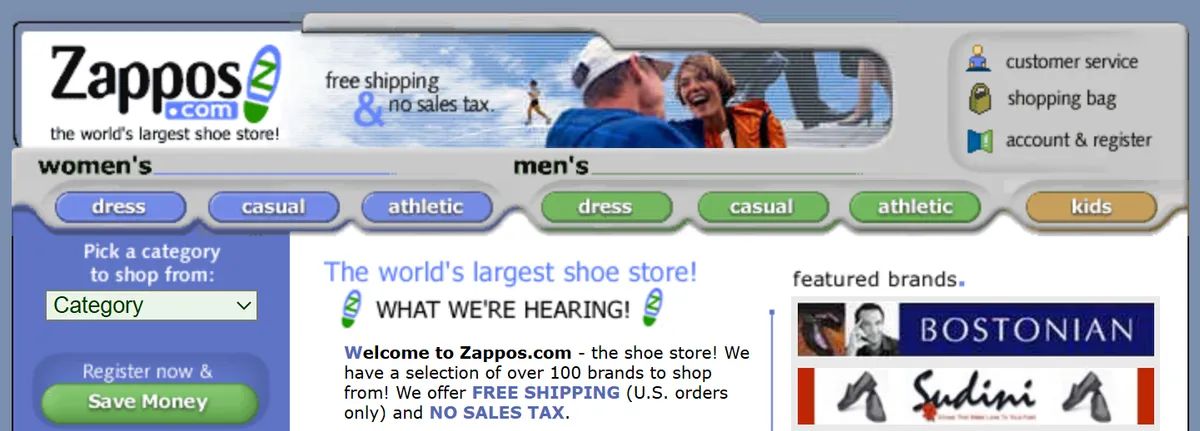 Zappos.com homepage in November 1999