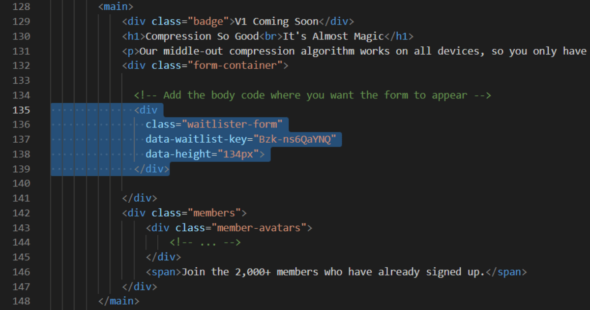 Add the form container to where you want the form to appear on your website