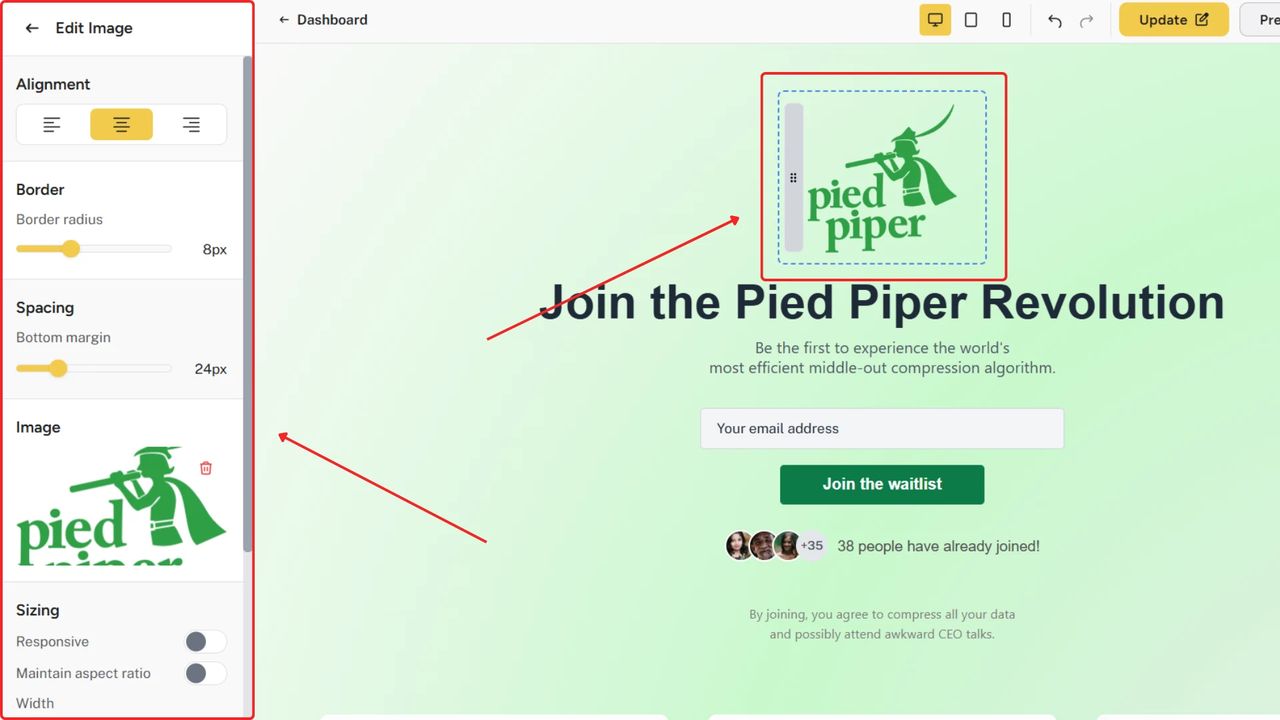 Customization options for individual sections