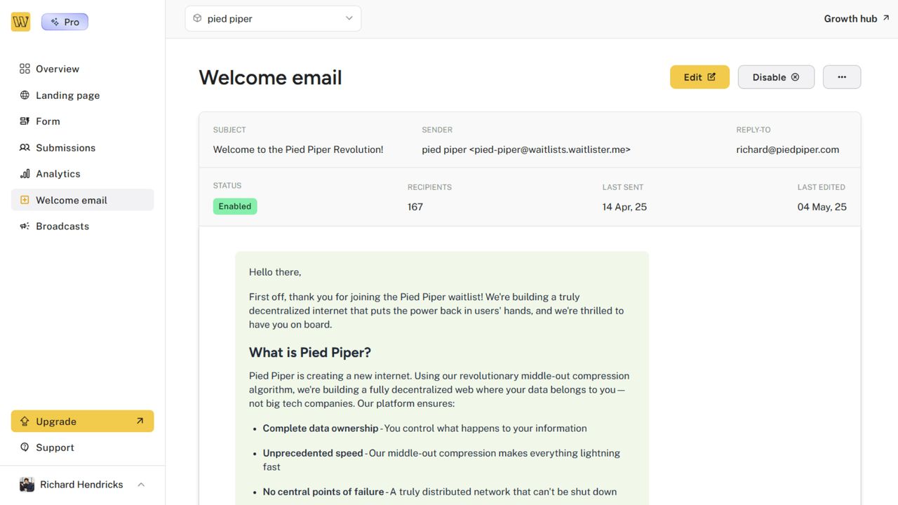 Welcome email overview