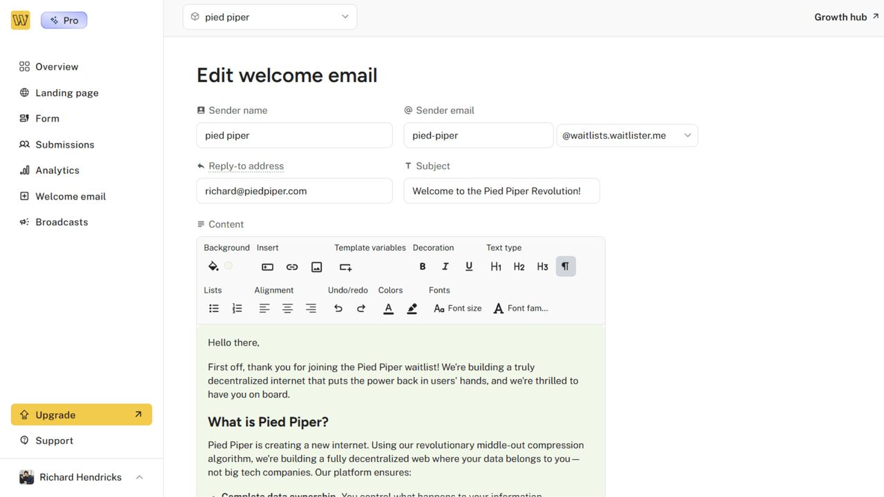 Welcome email editor