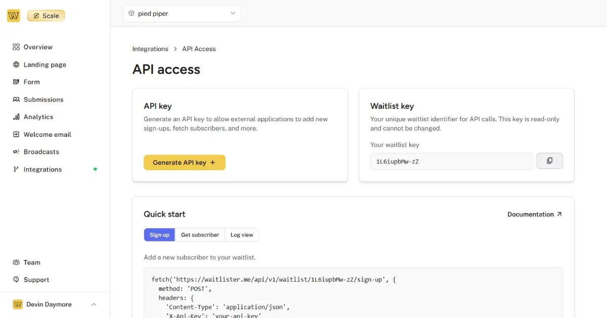 Waitlister API for SaaS beta invites