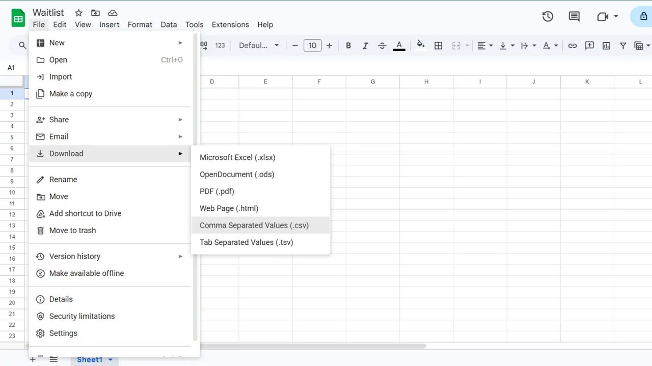 Example of downloading a Google Sheet file as a CSV