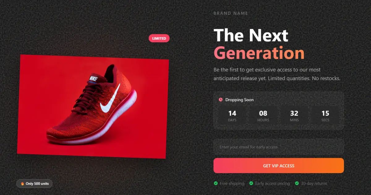 Product drop waitlist landing page