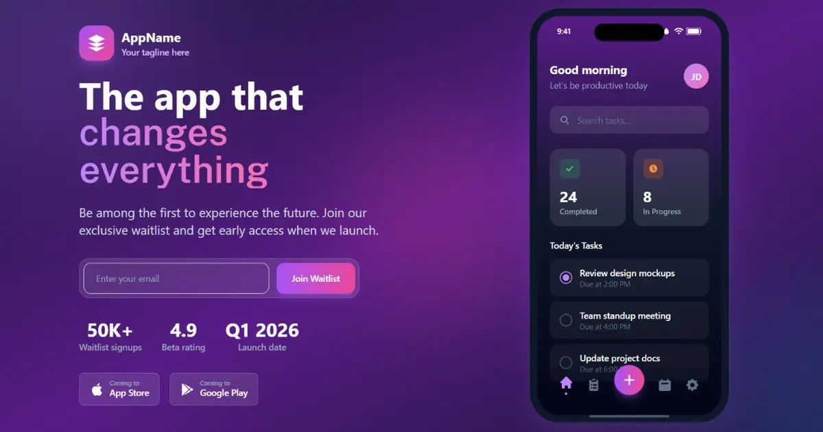 Mobile app waitlist landing page with phone mockup